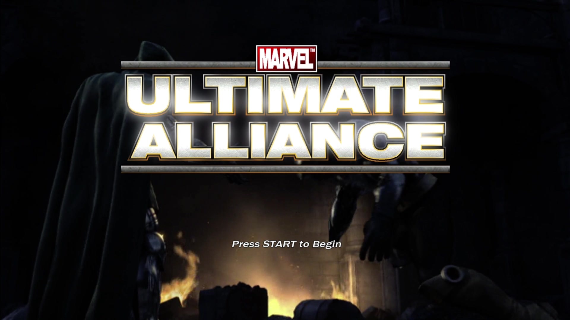 Marvel Ultimate Alliance title screen for Xbox 360